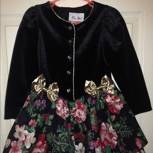 Girls Black Velvet / Floral Dress